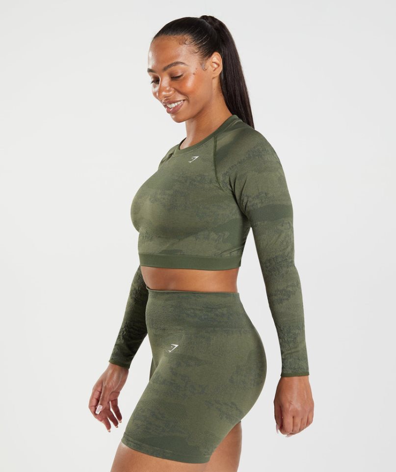 Women's Gymshark Adapt Camo Seamless Lace Up Back Top T-Shirts Olive | NZ 4YZVPT